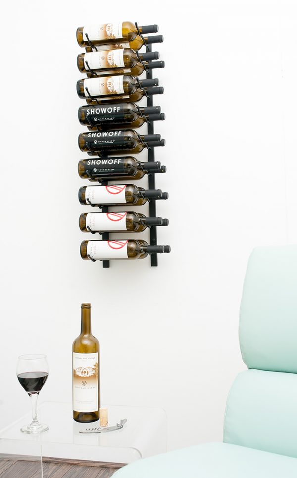 3' Wall Mount Double Deep. This steel wall-mounted wine rack holds nine bottles and can be stacked to reach any collection capacity need.